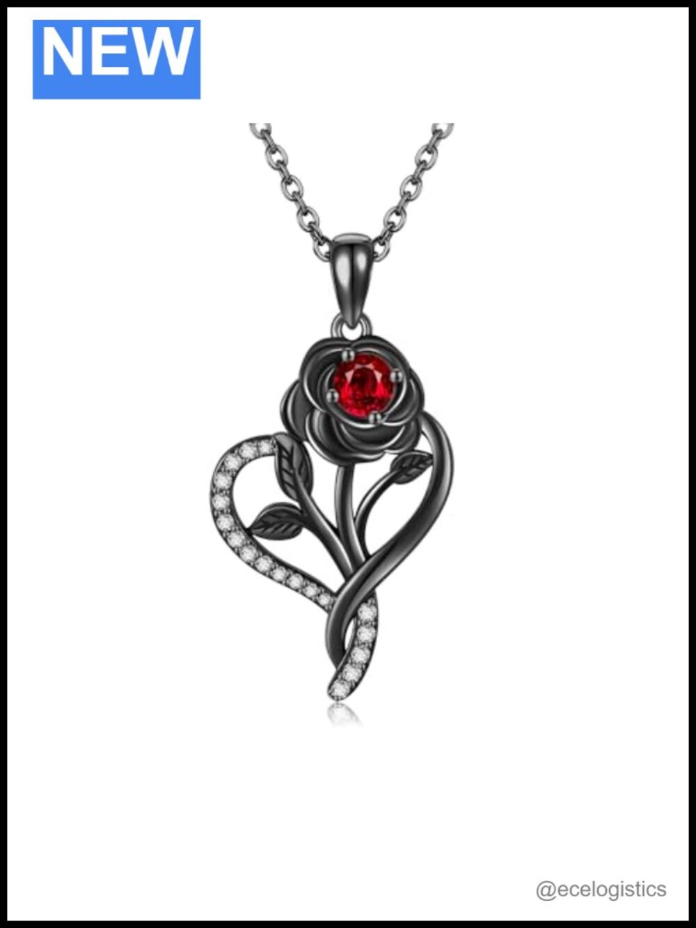 925 Sterling Silver Goth Black Rose Pendant Necklace Handmade Gift for Women